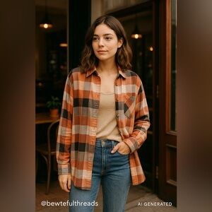 Sanctuary Plaid Boyfriend Shirt Rust Beige Check Cotton Oversized Tunic Top M